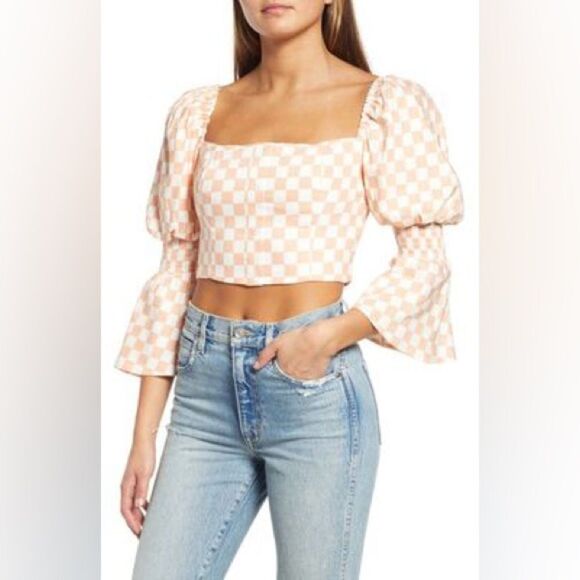 WAYF With Love Juliet Sleeve Linen Blend Blouse in Peach Checker - Picture 1 of 10